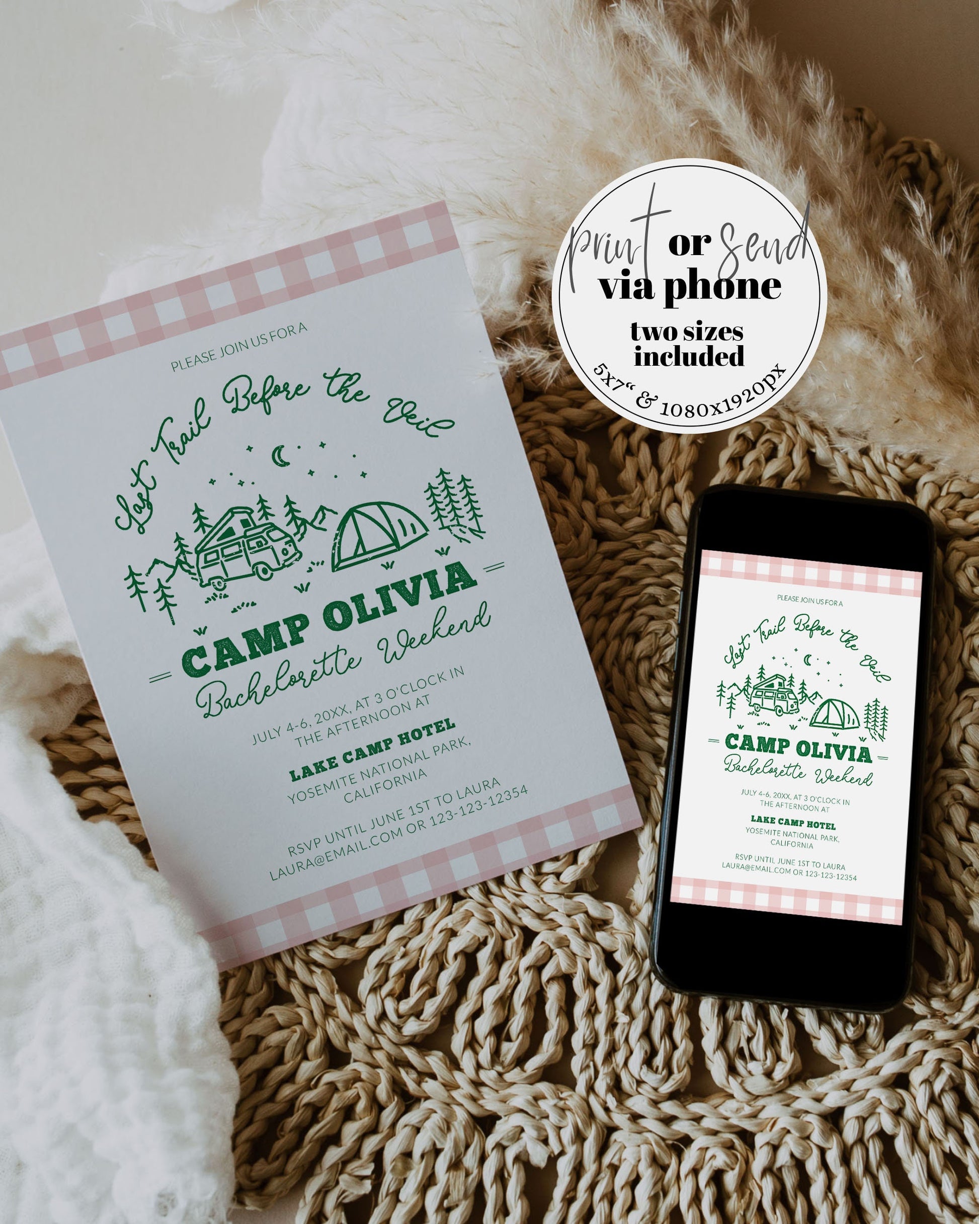 Camp Bachelorette Itinerary Camping Girls Trip Invitation Last Trail before the Veil Bachelorette Weekend Glamping Hen Do Bach Template #072 - TheLovebirdsDesign