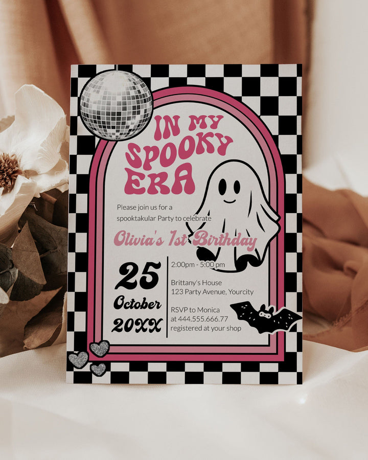 Retro Hippie Halloween Birthday Invitation, Disco Groovy Ghost In my Spooky Era Birthday Invite, October Baby Birthday Printable Evite #081 - TheLovebirdsDesign