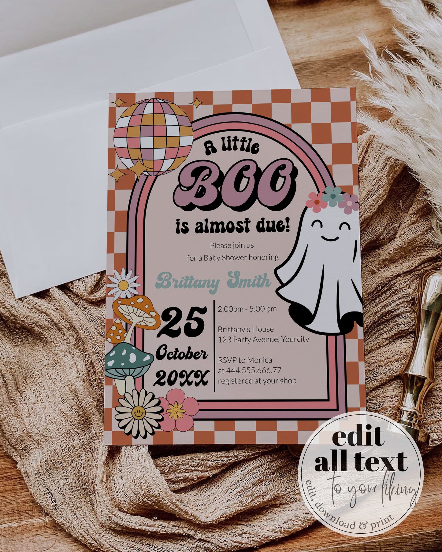 Groovy Baby Shower Invitation with Retro Halloween Theme, Little Boo is almost Due Gender Neutral Ghost Invite for October Baby Shower #081 - TheLovebirdsDesign