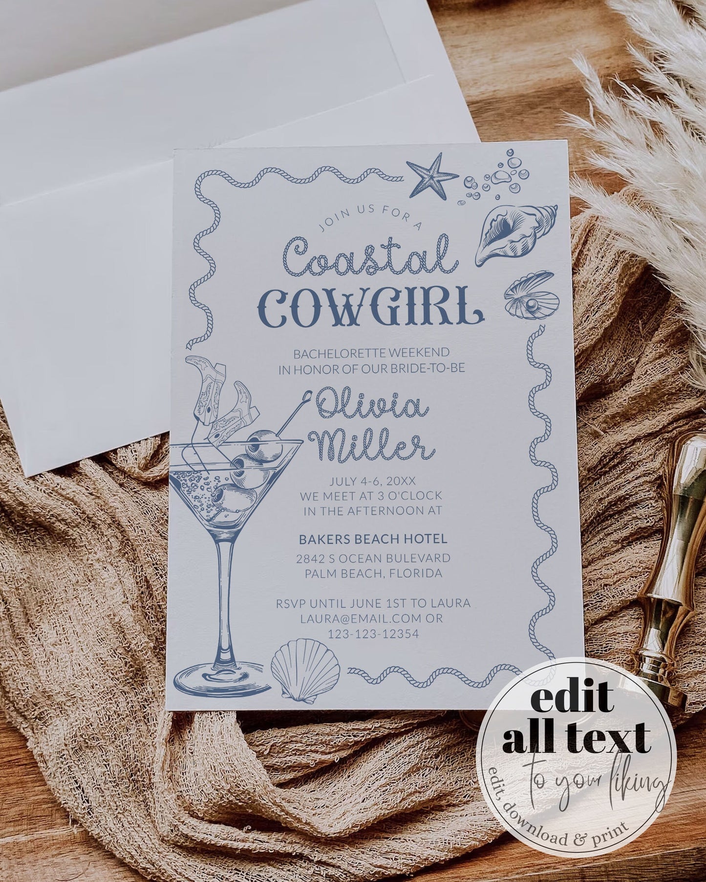 Coastal Cowgirl Bachelorette Itinerary, Nautical Beachie Cowgirl Bachelorette Girls Trip Scottsdale Weekend Trip Invitation, Last Rodeo #072 - TheLovebirdsDesign