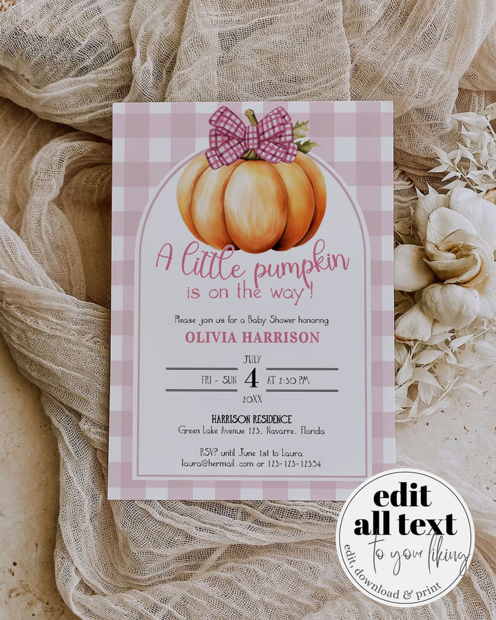 Little Cutie Pumpkin Baby Shower Invite with Pink Bow, Girl Pumpkin Invitation Locally Grown Fall Invitation Set Printable Template #068