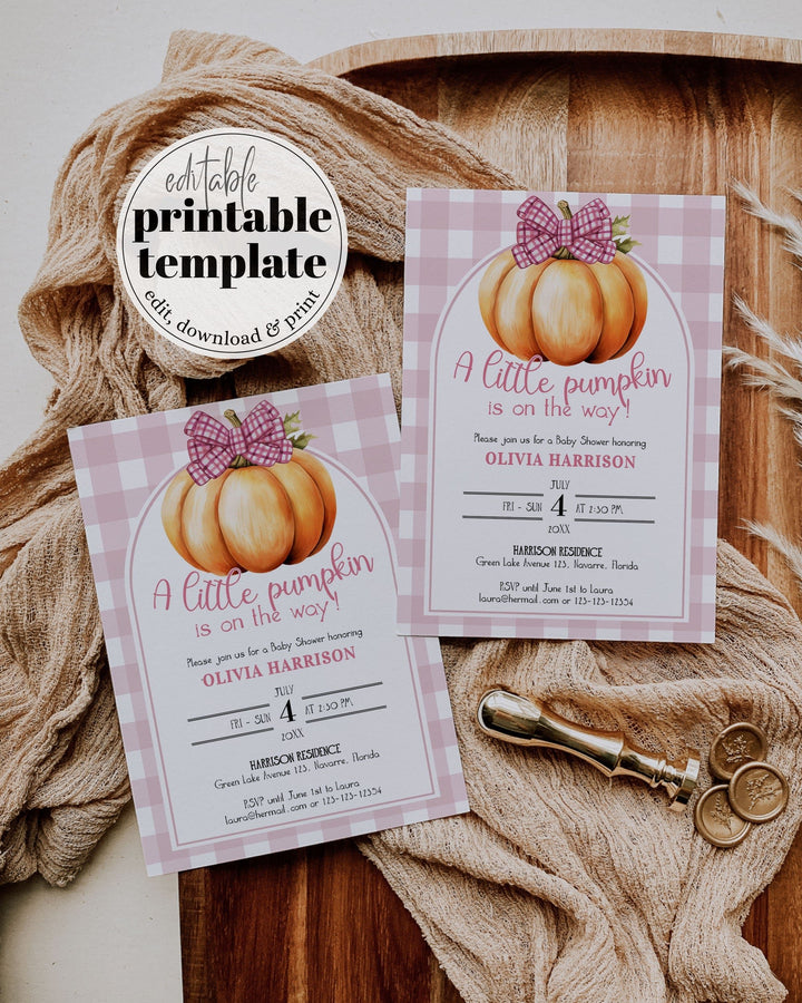 Little Cutie Pumpkin Baby Shower Invite with Pink Bow, Girl Pumpkin Invitation Locally Grown Fall Invitation Set Printable Template #068