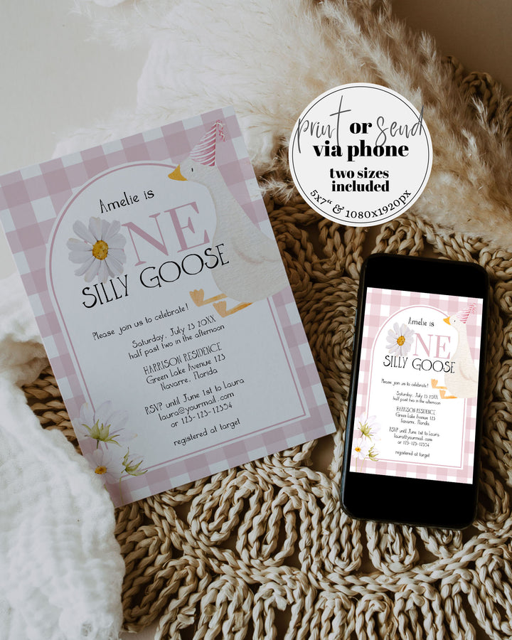 One Silly Goose First Birthday Invitation Girls, Boho Daisy Silly Goose 1st Birthday Invite, Cute Goose Printable Template #068 - TheLovebirdsDesign