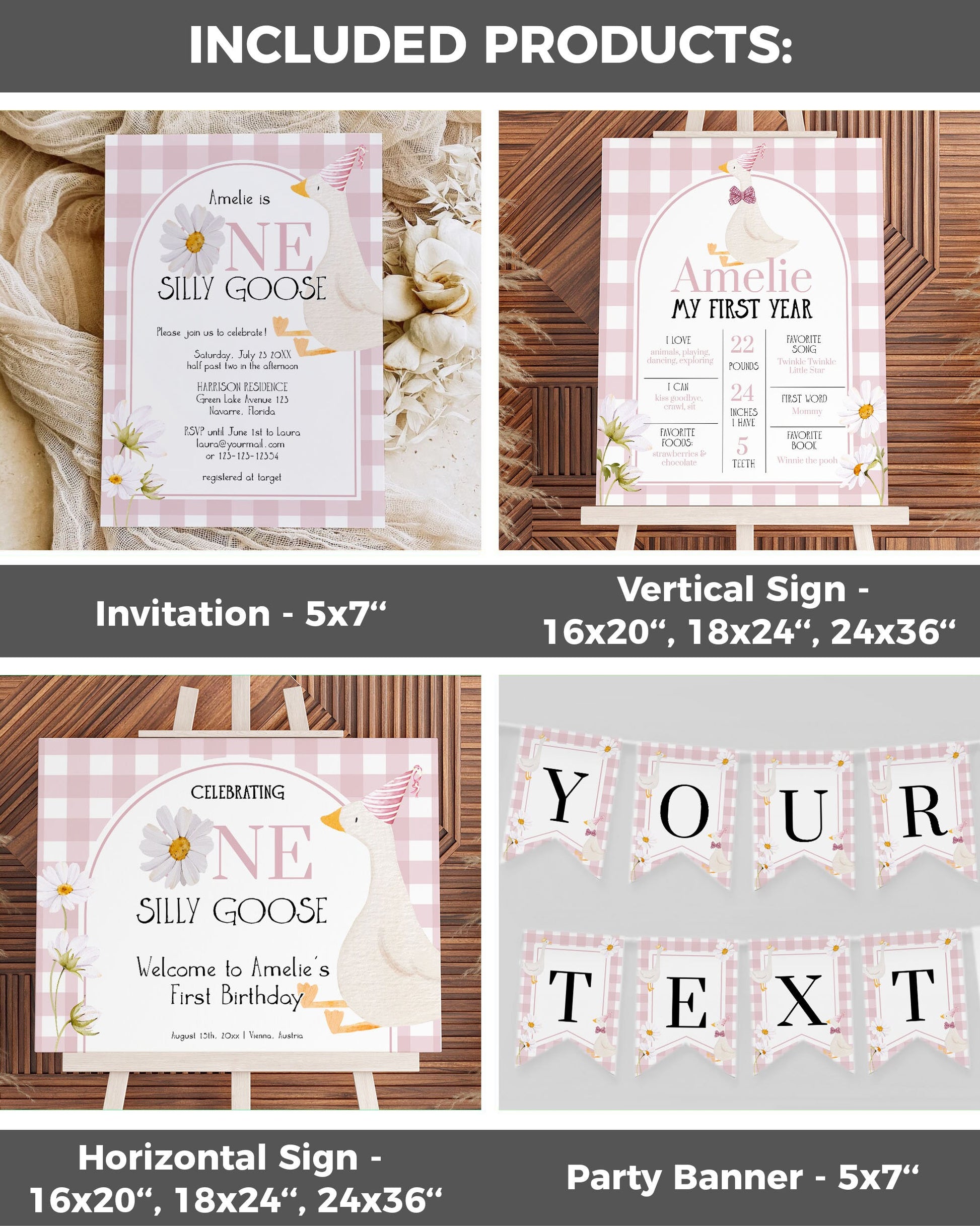 One Silly Goose Girls 1st Birthday Suite, Silly Goose First Birthday Invite, Boho Daisy Bundle, Downloadable Decor Printable Template #068 - TheLovebirdsDesign