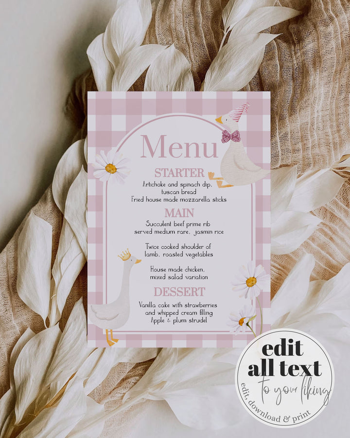 One Silly Goose Menu Cards for First Birthday, Girls Silly Goose Themed Menu Card, Cottagecore Pink Gingham Decor Printable Template #068 - TheLovebirdsDesign