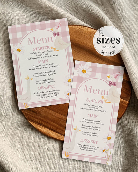 One Silly Goose Menu Cards for First Birthday, Girls Silly Goose Themed Menu Card, Cottagecore Pink Gingham Decor Printable Template #068 - TheLovebirdsDesign