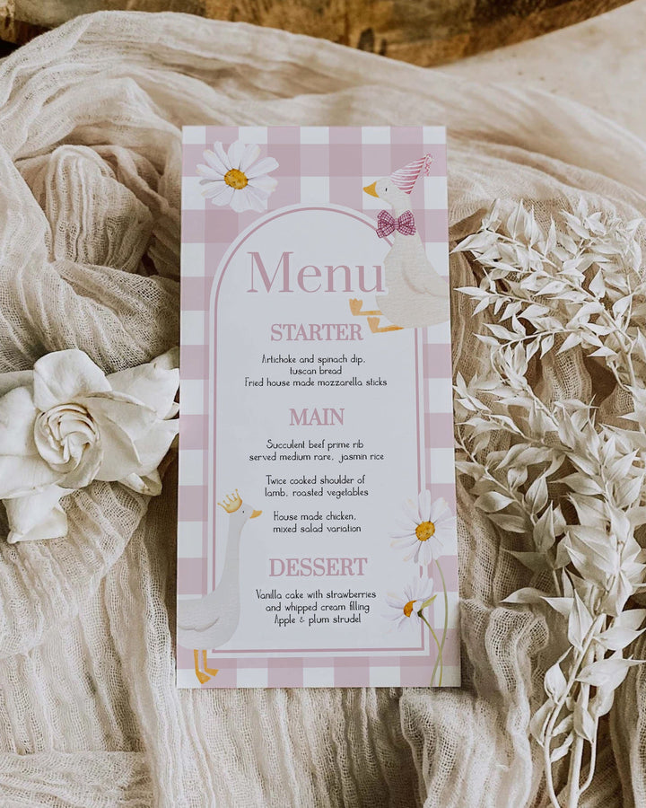 One Silly Goose Menu Cards for First Birthday, Girls Silly Goose Themed Menu Card, Cottagecore Pink Gingham Decor Printable Template #068 - TheLovebirdsDesign