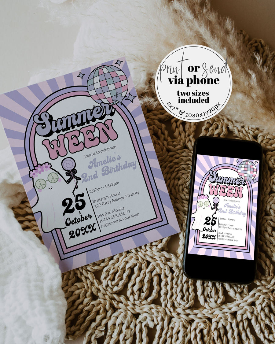 Summerween Halloween Birthday Invitation Template, Pastel Groovy Ghost Disco Theme #081 - marryful.org