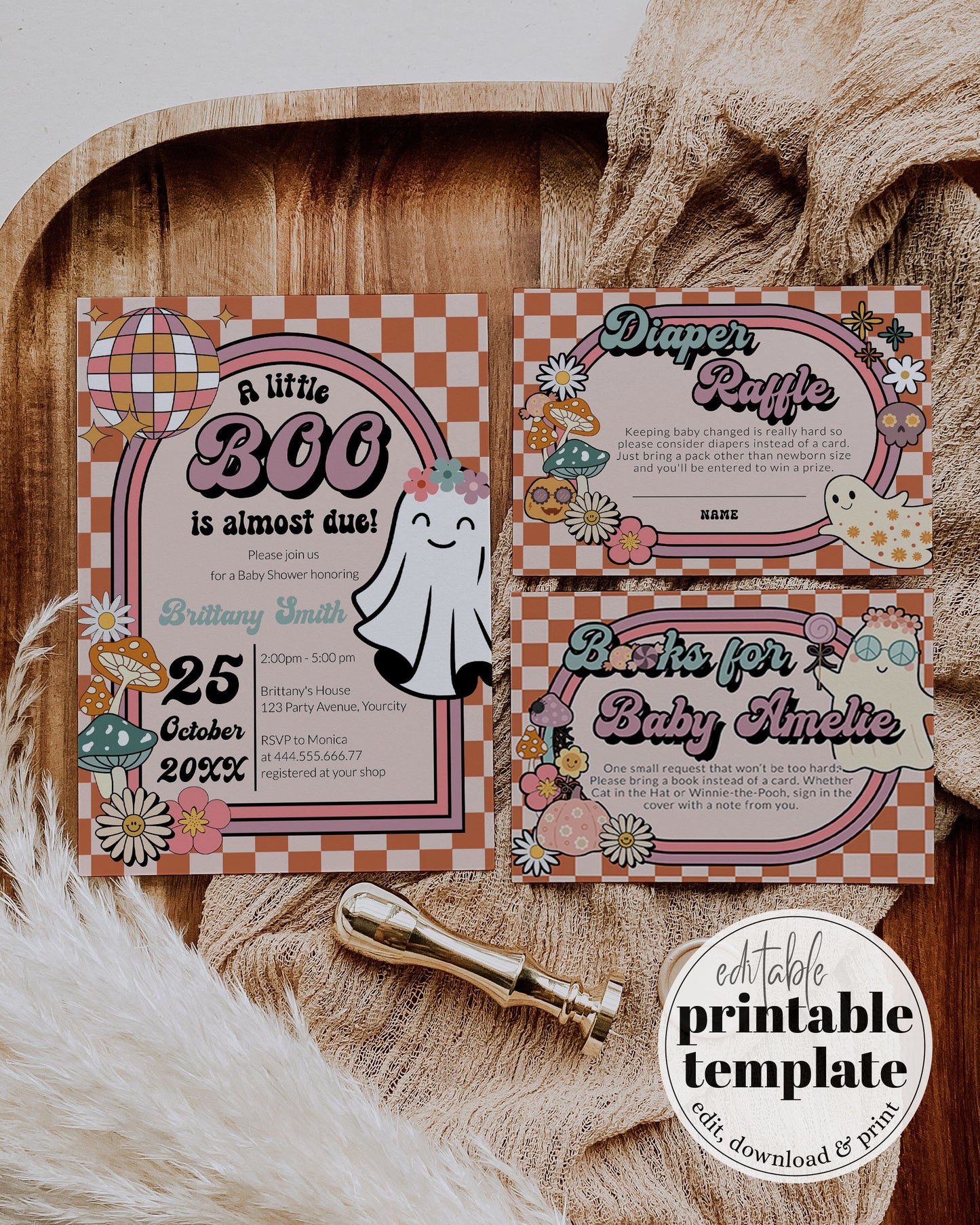 Groovy Baby Shower Invitation with Retro Halloween Theme, Little Boo is almost Due Gender Neutral Ghost Invite for October Baby Shower #081 - TheLovebirdsDesign