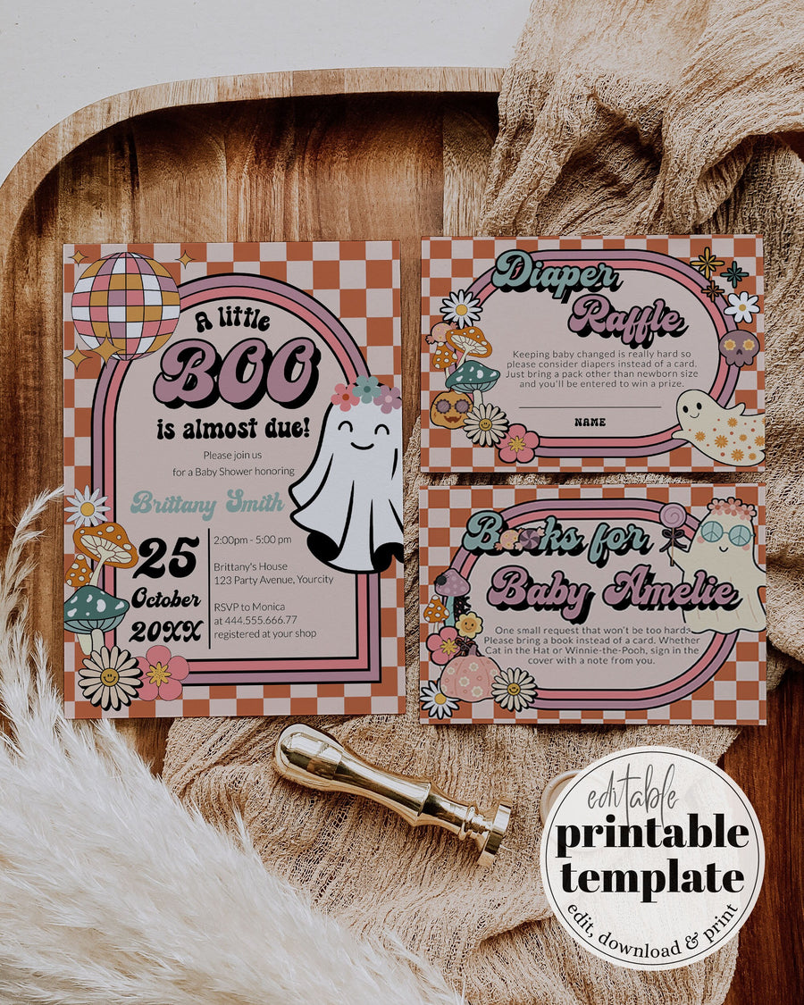 Retro Halloween Baby Shower Invitation Template, Groovy Little Boo Ghost Theme #081 - marryful.org
