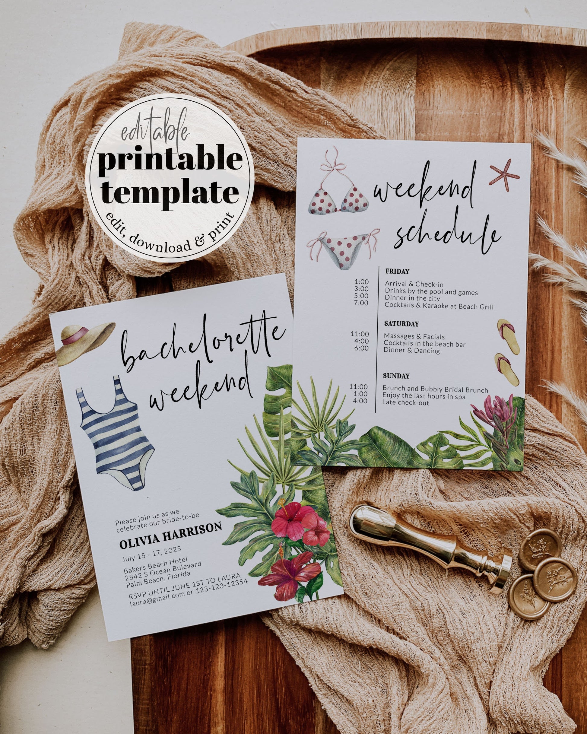 Beach Bachelorette Weekend Itinerary Template Poolside Bachelorette Weekend Coastal Bachelorette Itinerary Tropical Printable Template #072b - TheLovebirdsDesign