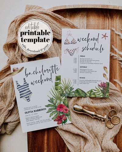 Beach Bachelorette Weekend Itinerary Template Poolside Bachelorette Weekend Coastal Bachelorette Itinerary Tropical Printable Template #072b - TheLovebirdsDesign