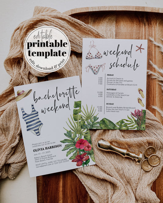 Beach Bachelorette Weekend Itinerary Template Poolside Bachelorette Weekend Coastal Bachelorette Itinerary Tropical Printable Template #072b - TheLovebirdsDesign
