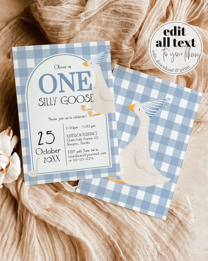 One Silly Goose First Birthday Invitation, Boy Birthday Party Gingham Decor, ONE silly goose First Birthday Invite Printable Template #068 - TheLovebirdsDesign