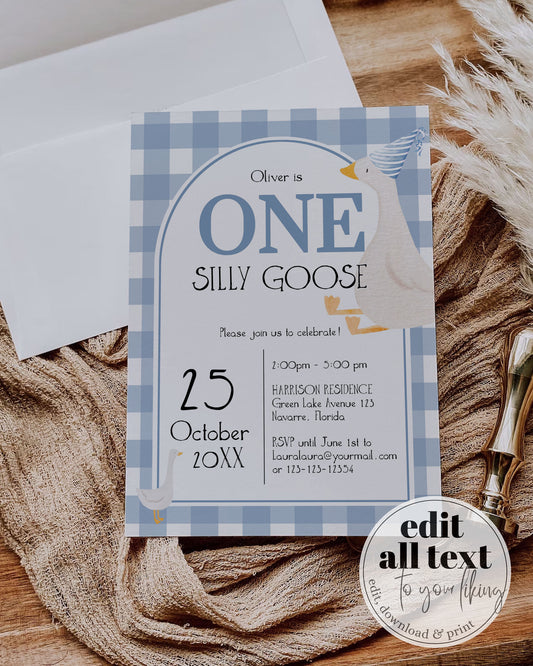 One Silly Goose First Birthday Invitation, Boy Birthday Party Gingham Decor, ONE silly goose First Birthday Invite Printable Template #068 - TheLovebirdsDesign