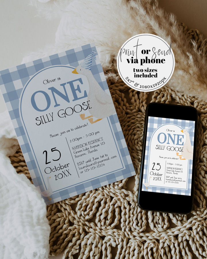 One Silly Goose First Birthday Invitation, Boy Birthday Party Gingham Decor, ONE silly goose First Birthday Invite Printable Template #068 - TheLovebirdsDesign