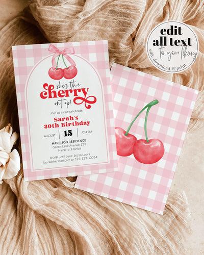 Cherry 1st Birthday Invitation Cherry On Top 1st Birthday Invite Coquette Bows, Cherries Summer First Birthday Party Printable Template #068 - TheLovebirdsDesign