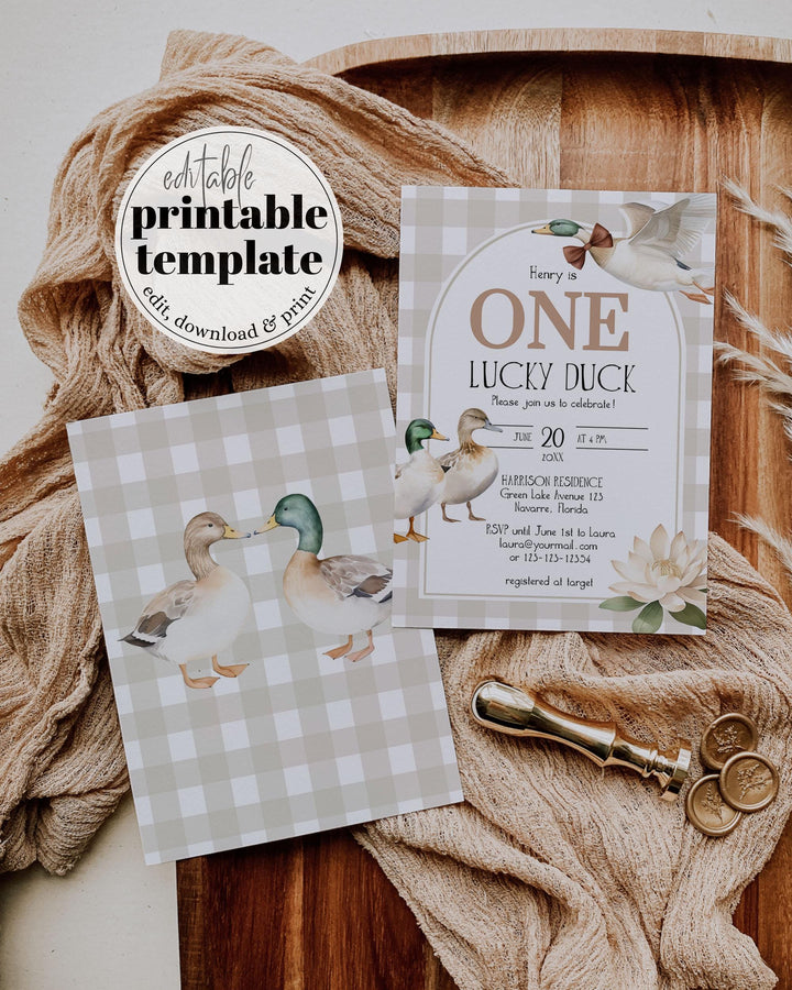ONE Lucky Duck Firsts Birthday Invitation Suite, Lucky Duck Themed Birthday Decor, Gender Neutral Duck Party Invite Printable Template #068 - TheLovebirdsDesign