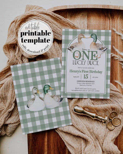 Lucky Duck 1st Birthday Invitation Suite, ONE Lucky Duck Hunt Theme First Birthday Invite, Duck Party Decorations Printable Template #068 - TheLovebirdsDesign