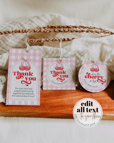 Cherry Sweet Favor Tags for Coquette Shower Party, Cherry on Top Theme Thank you Sticker Spring Summer Shower Decor Template for Girls #068 - TheLovebirdsDesign