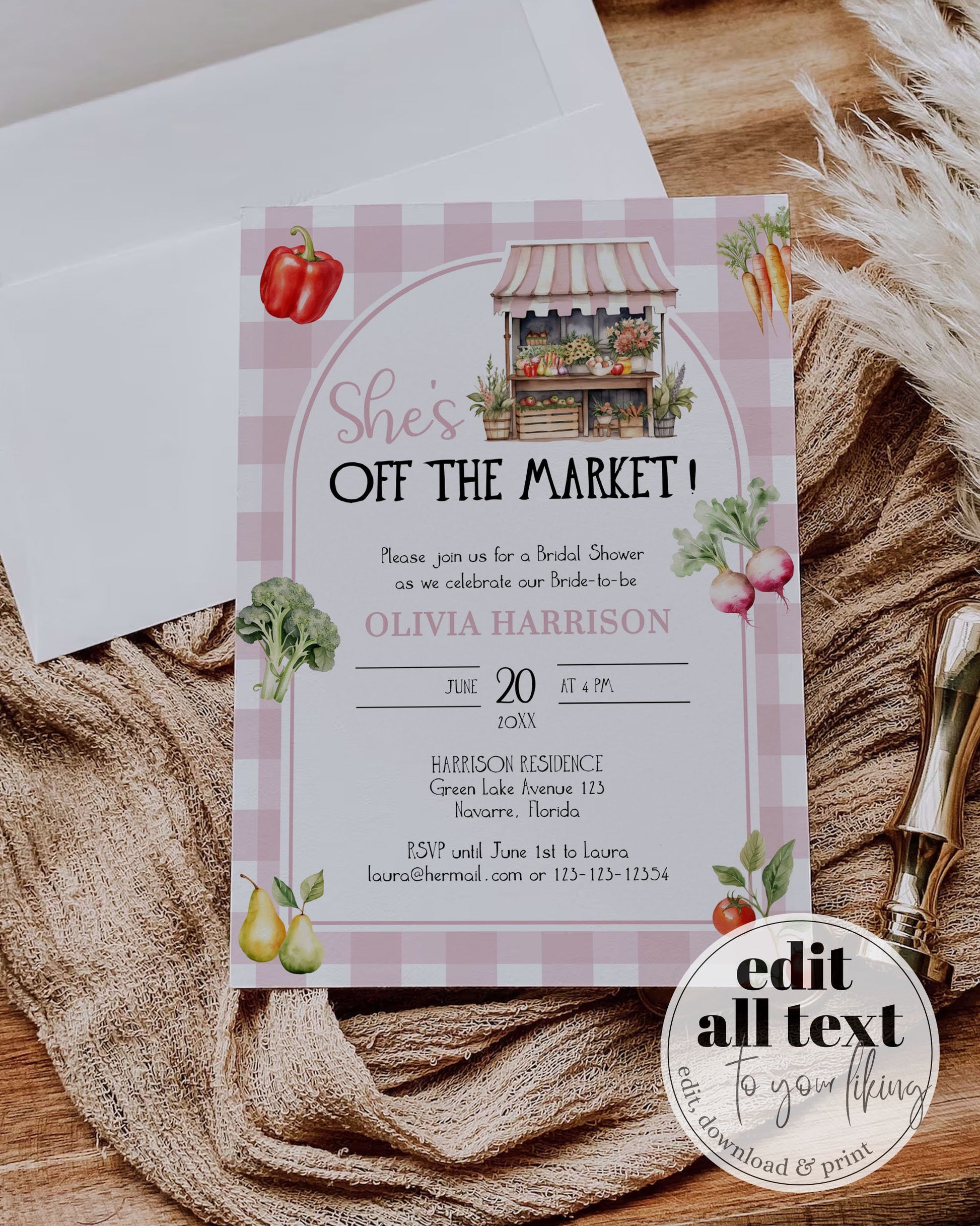 Farmers Market Bridal Shower Invitation Shes Off the Market Bridal Shower Invite Organic Outdoorsy Decor Garden Party Printable Template#068 - TheLovebirdsDesign