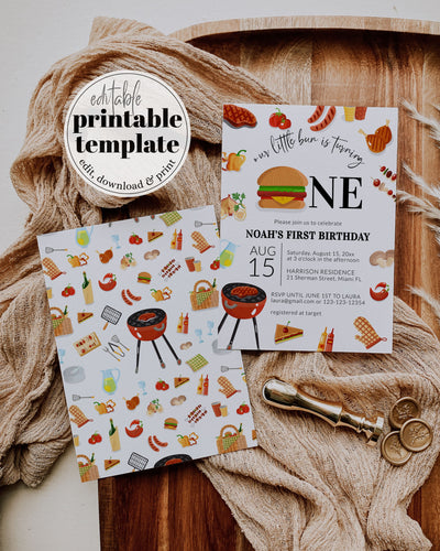 BBQ Burger 1st Birthday Invite, Bun ist turning ONE BBQ Summer Boy Invite for a Backyard Barbecue, First Birthday Suite Template #072a - TheLovebirdsDesign