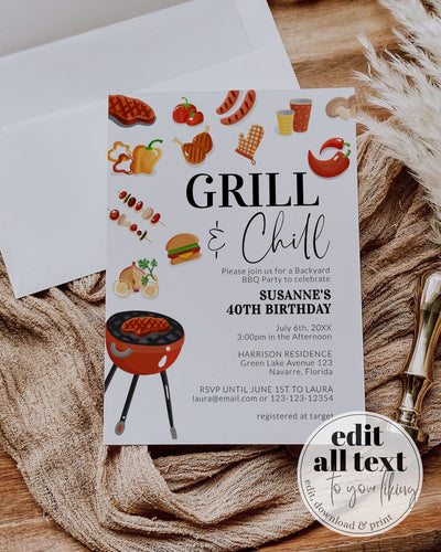Grill and Chill BBQ Party Invite for Summer Family Reunion, Outdoor Grill Cockout, Fathers Day Barbeque or 60th Birthday Invite #072a - TheLovebirdsDesign
