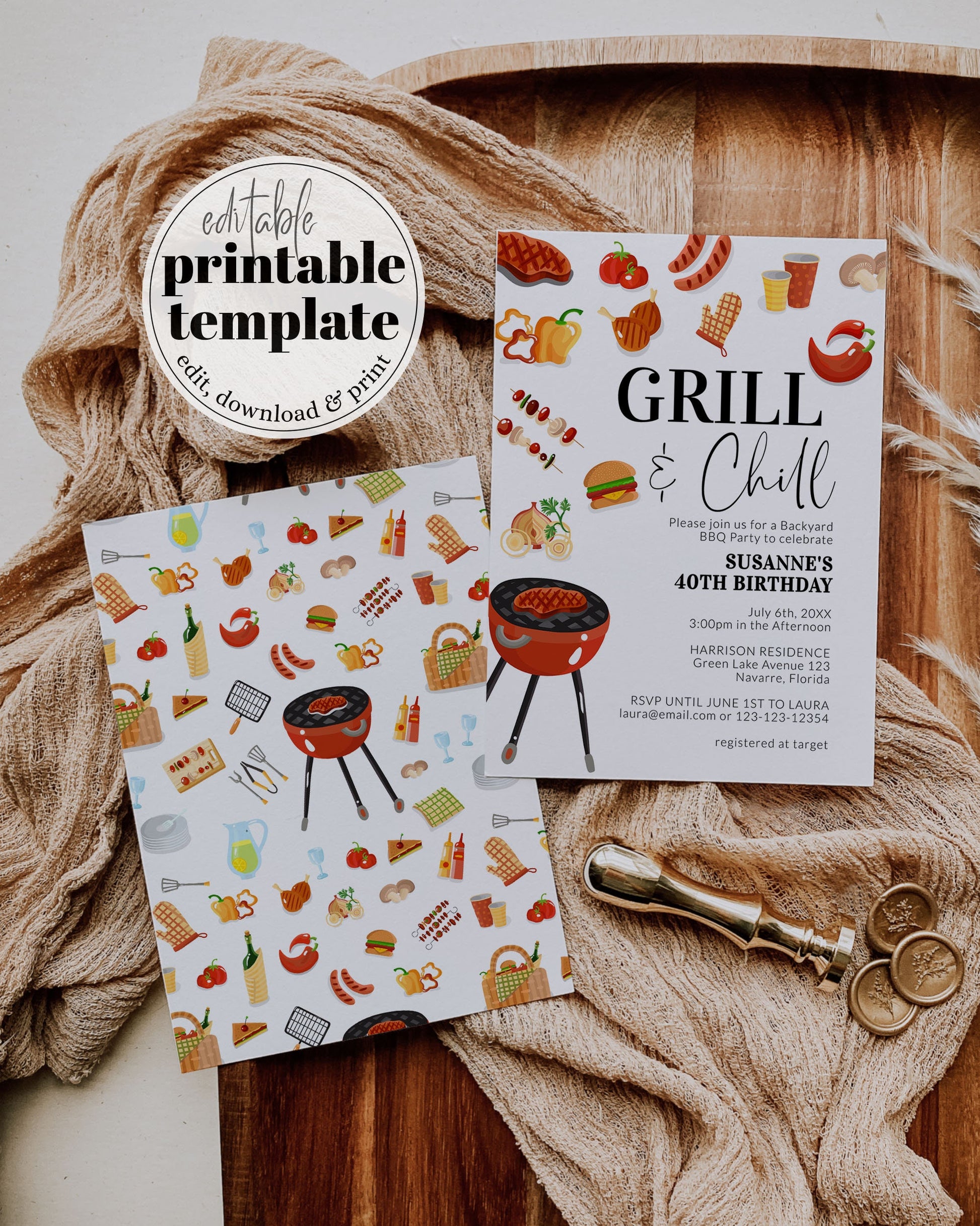 Grill and Chill BBQ Party Invite for Summer Family Reunion, Outdoor Grill Cockout, Fathers Day Barbeque or 60th Birthday Invite #072a - TheLovebirdsDesign