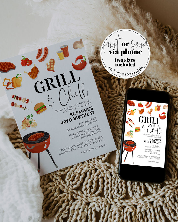 Grill and Chill BBQ Party Invite for Summer Family Reunion, Outdoor Grill Cockout, Fathers Day Barbeque or 60th Birthday Invite #072a - TheLovebirdsDesign