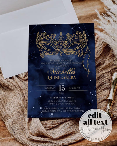 Quinceanera Birthday Invite, Masked Party Invitation, 30th Birthday, Sweet Sixteen Celebration, Downloadable Masquerade Invite Template #066 - TheLovebirdsDesign