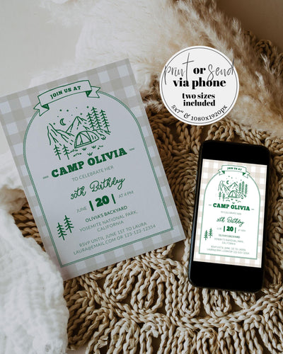 Camping Birthday Invitation, Happy Camper Party Invite, Cottagecore Summer Camp Birthday, Vintage Camping Editable Printable Template #072 - TheLovebirdsDesign