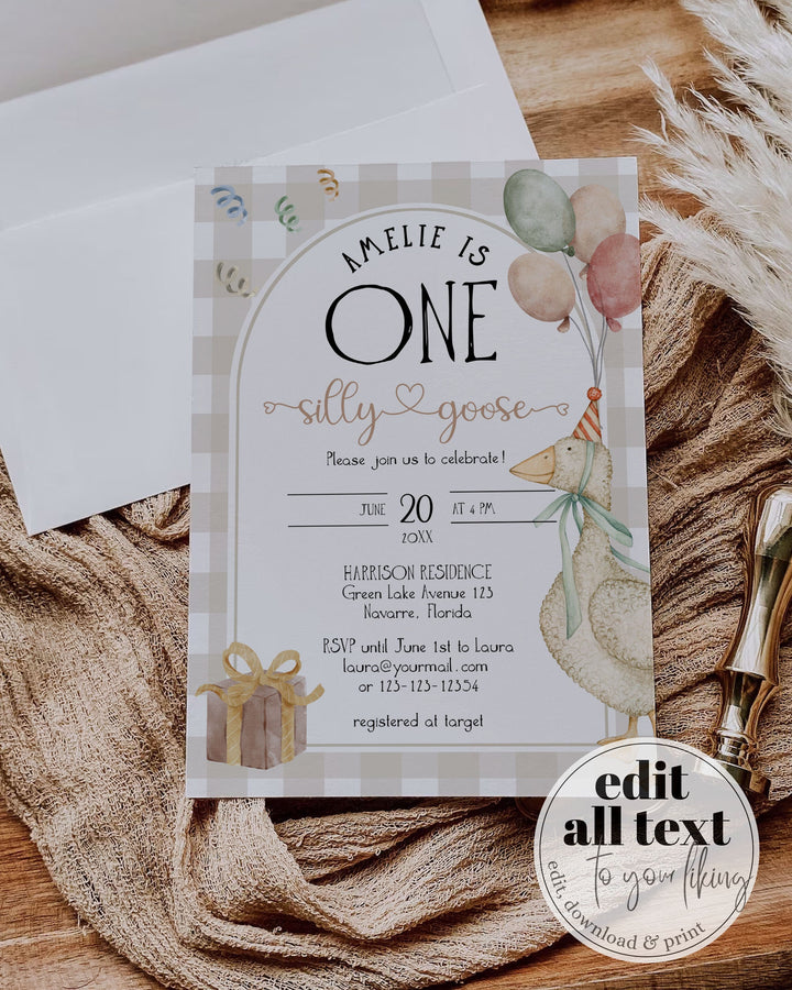 One Silly Goose Gender Neutral First Birthday Invitation, Boys Silly Goose Themed Birthday Suite Natural Decor Printable Template #068 - TheLovebirdsDesign