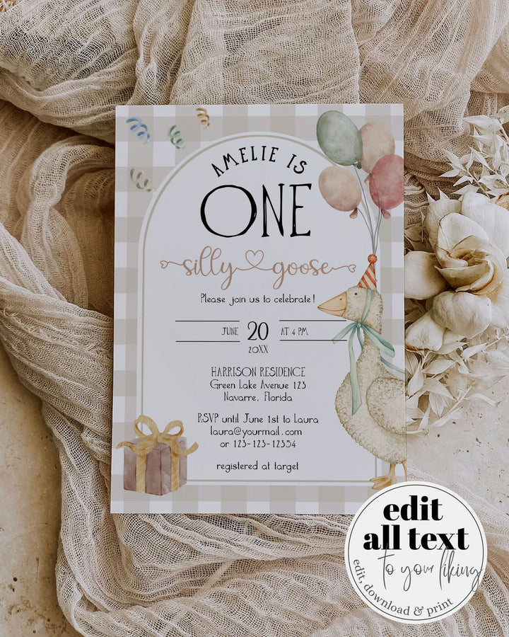 One Silly Goose Gender Neutral First Birthday Invitation, Boys Silly Goose Themed Birthday Suite Natural Decor Printable Template #068 - TheLovebirdsDesign