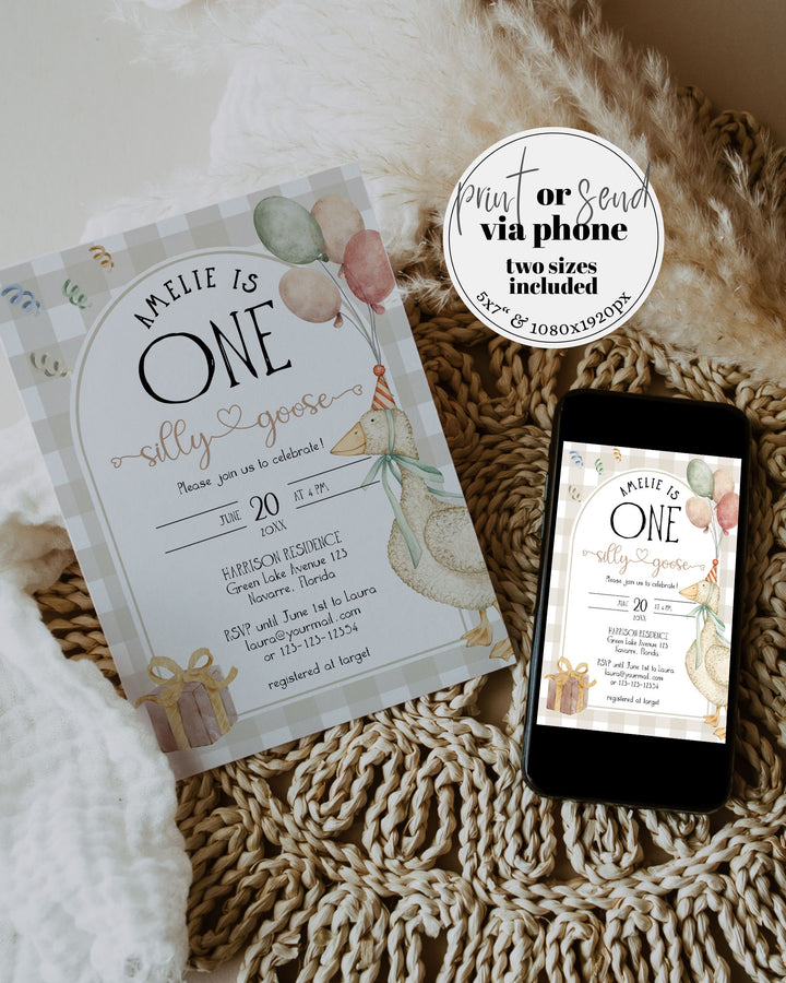 One Silly Goose Gender Neutral First Birthday Invitation, Boys Silly Goose Themed Birthday Suite Natural Decor Printable Template #068 - TheLovebirdsDesign