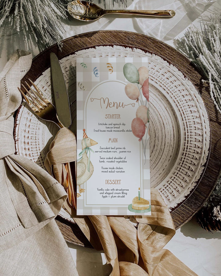 One Silly Goose Gender Neutral Menu Cards for First Birthday, Boys Silly Goose Themed Menu Card Natural Decor Printable Template #068 - TheLovebirdsDesign