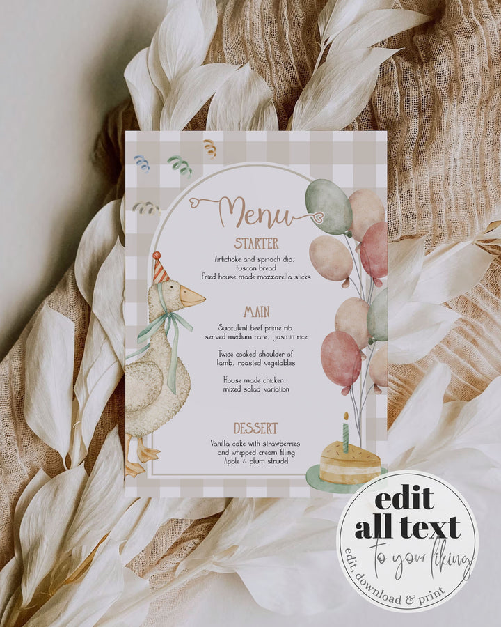 One Silly Goose Gender Neutral Menu Cards for First Birthday, Boys Silly Goose Themed Menu Card Natural Decor Printable Template #068 - TheLovebirdsDesign