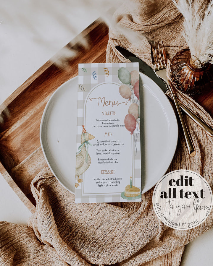 One Silly Goose Gender Neutral Menu Cards for First Birthday, Boys Silly Goose Themed Menu Card Natural Decor Printable Template #068 - TheLovebirdsDesign