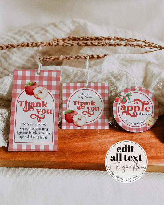 Apple themed party Favor Tags Sticker, Apple of our eye thank you tag, First Birthday Cupcake Topper Gingham Cottagecore Shower Decor #068 - TheLovebirdsDesign