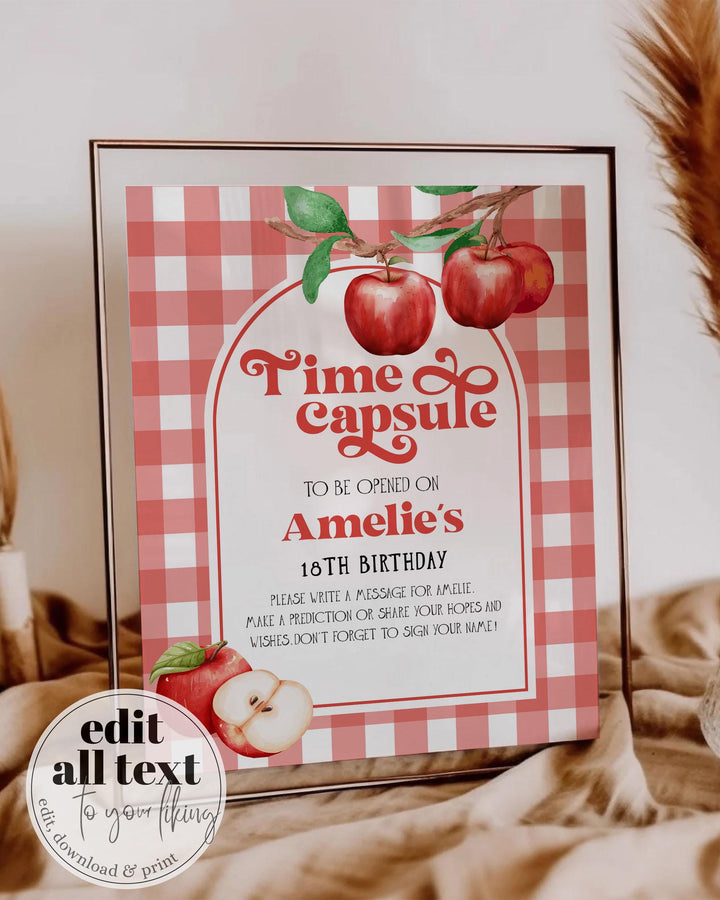 Apple of our Eye Time Capsule, FIRST Birthday Game, Fall Apple Themed Birthday Game Boy & Girl, Coquette Gingham Decor Template #068 - TheLovebirdsDesign