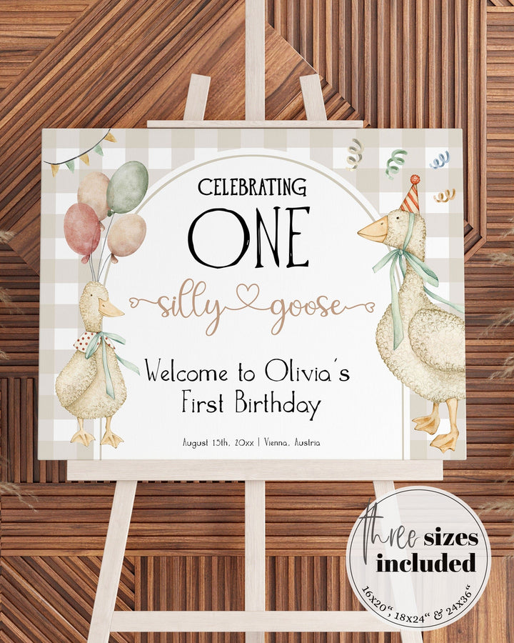 One Silly Goose Welcome Sign, Editable Silly Goose First Birthday Welcome Sign Natural Retro Theme Party Decorations Printable Template #068 - TheLovebirdsDesign