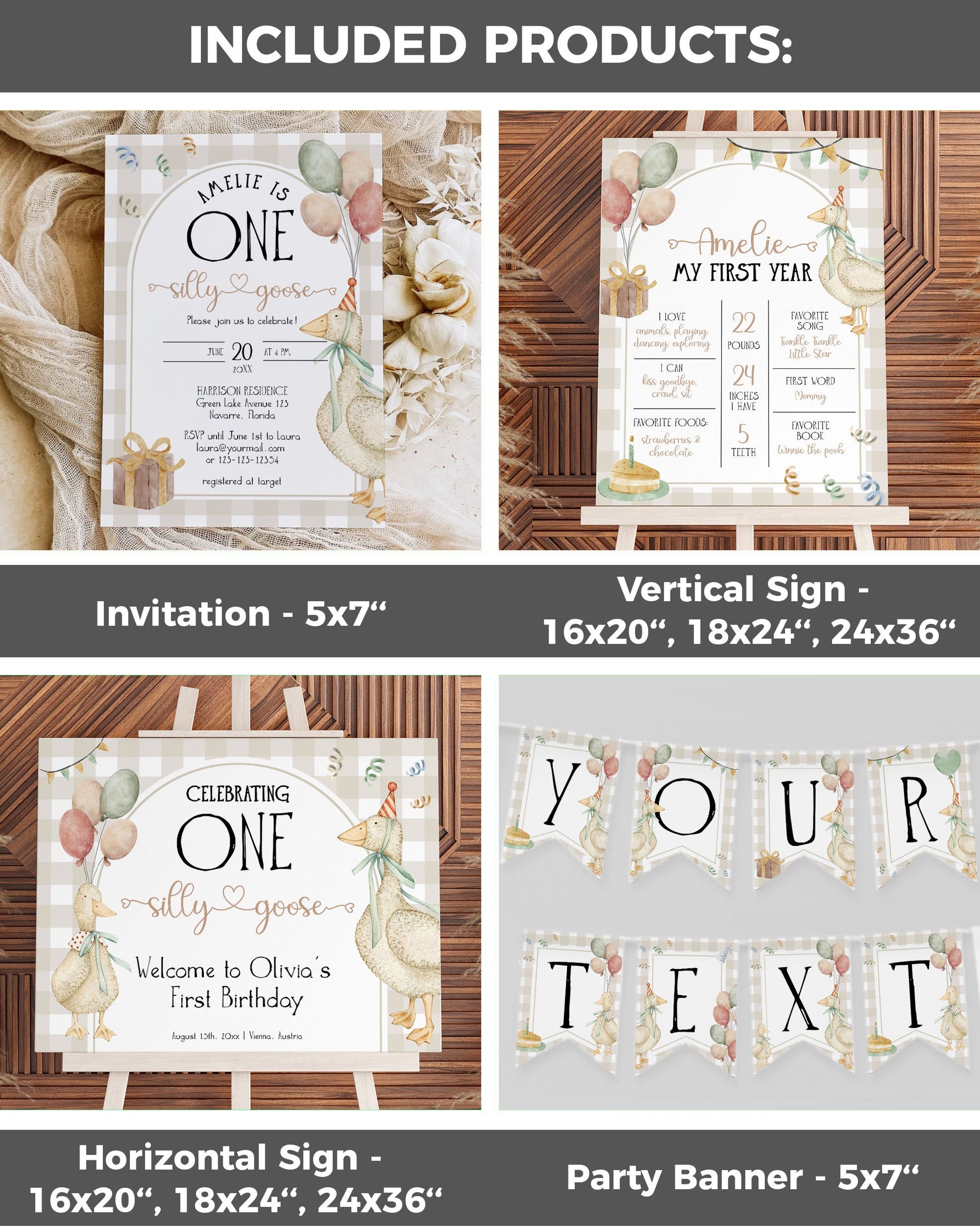 One Silly Goose Gender Neutral First Birthday Bundle, Silly Goose 1st Birthday Suite Natural Retro Theme Party Decor Printable Template #068 - TheLovebirdsDesign