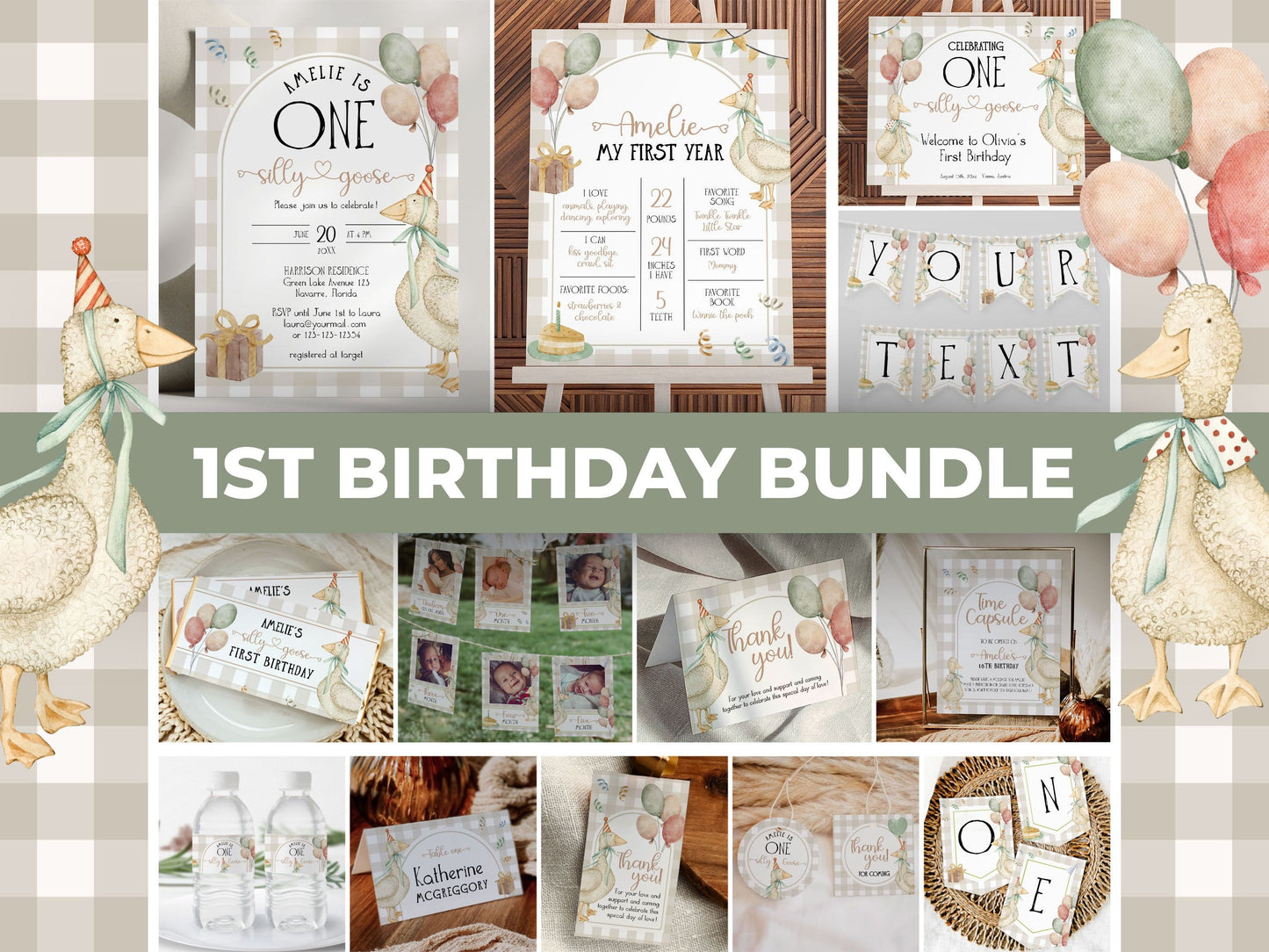 One Silly Goose Gender Neutral First Birthday Bundle, Silly Goose 1st Birthday Suite Natural Retro Theme Party Decor Printable Template #068 - TheLovebirdsDesign