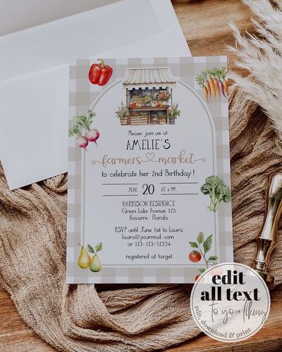 Market 1st Birthday Invitation, Farming Birthday Invite, Gender Neutral Farmers Market Locally Grown freshly picked fruits veggies #068 - TheLovebirdsDesign