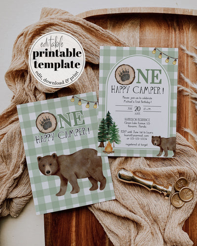 One Happy Camper First Birthday Suite Happy Camper Bundle Little Boys National Park Theme Invite Camping 1st Birthday Partie Invitation #068 - TheLovebirdsDesign
