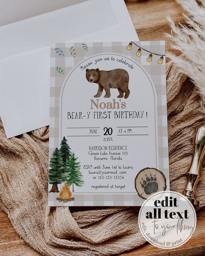 Woodland Bear Invite, Beary First Birthday Invite, One Happy Camper Lumberjack 1st Birthday Invitation Suite Neutral Bear Partie Decor #068 - TheLovebirdsDesign