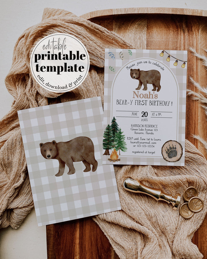 Woodland Bear Invite, Beary First Birthday Invite, One Happy Camper Lumberjack 1st Birthday Invitation Suite Neutral Bear Partie Decor #068 - TheLovebirdsDesign
