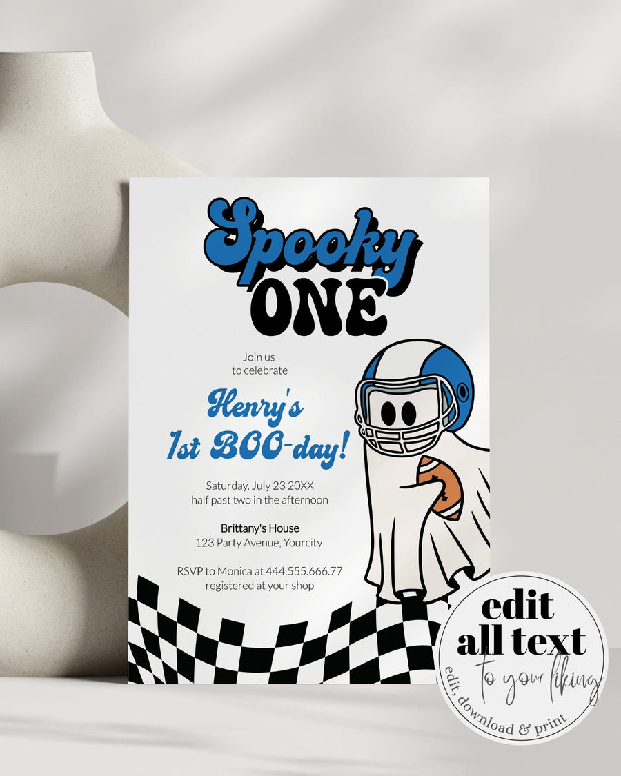 Spooky One First Birthday Invitation, Blue Football Ghost Boy Party Printable Editable Template 081GH-BINV