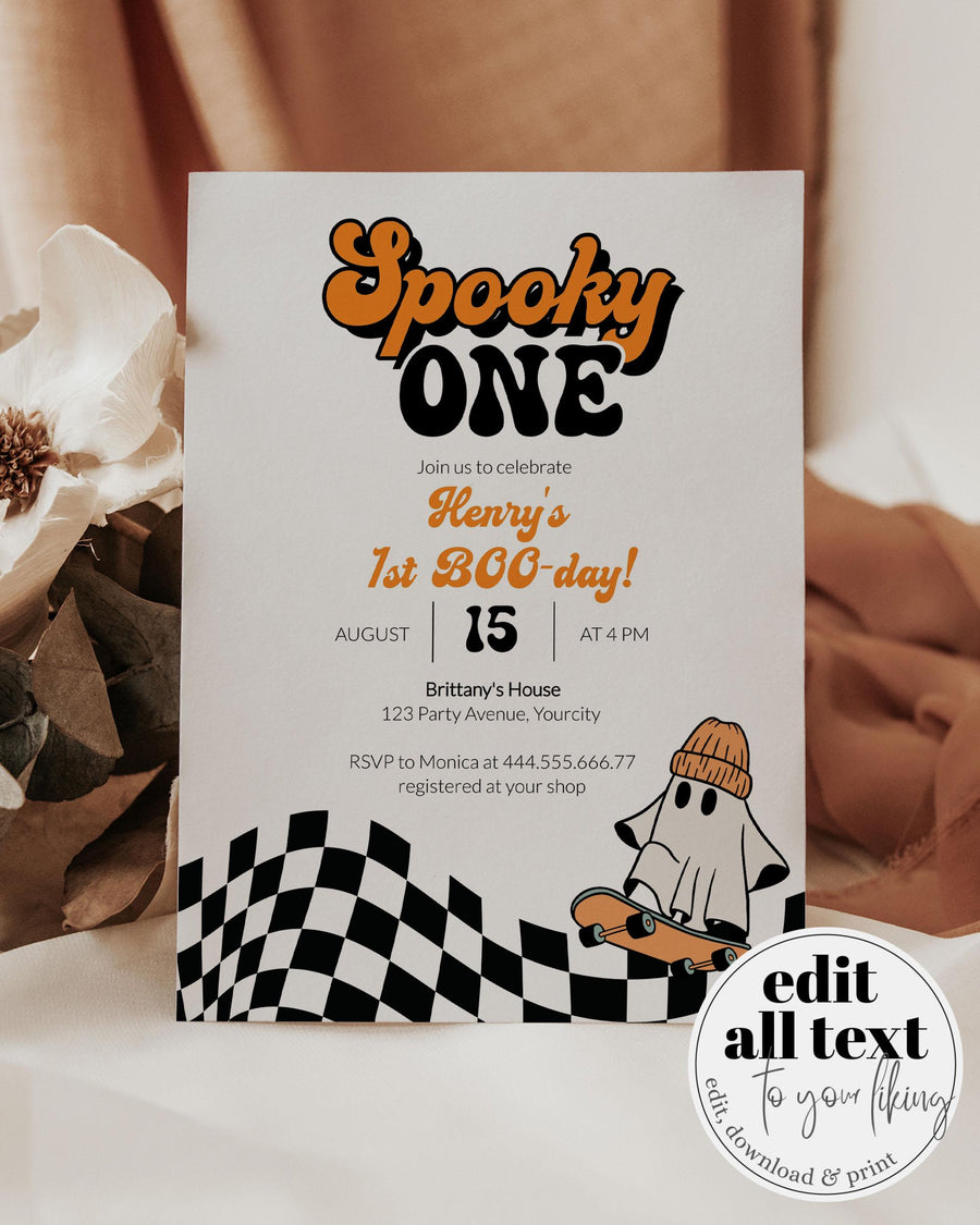 Spooky One First Birthday Invitation, Orange Skateboard Ghost, Retro Halloween Printable Editable Template 081GH-BINV