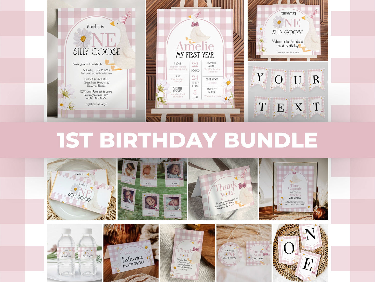 One Silly Goose Girls 1st Birthday Suite, Silly Goose First Birthday Invite, Boho Daisy Bundle, Downloadable Decor Printable Template #068 - TheLovebirdsDesign