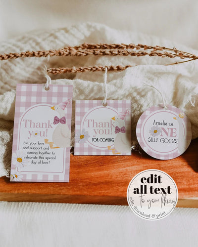 One Silly Goose Pink Favor Tag Template, Girls First Birthday Thank You Sticker Printable #068 - marryful.org